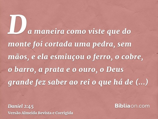 Da maneira como viste que do monte foi cortada uma pedra, sem mãos, e ela esmiuçou o ferro, o cobre, o barro, a prata e o ouro, o Deus grande fez saber ao rei o