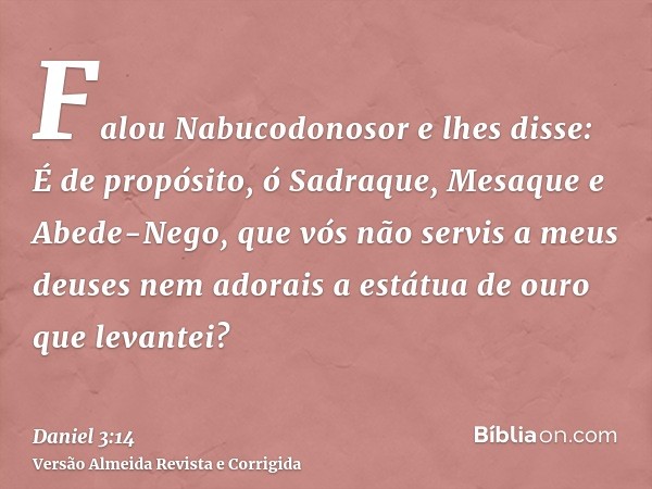 Falou Nabucodonosor e lhes disse: É de propósito, ó Sadraque, Mesaque e Abede-Nego, que vós não servis a meus deuses nem adorais a estátua de ouro que levantei?