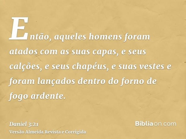 Então, aqueles homens foram atados com as suas capas, e seus calções, e seus chapéus, e suas vestes e foram lançados dentro do forno de fogo ardente.