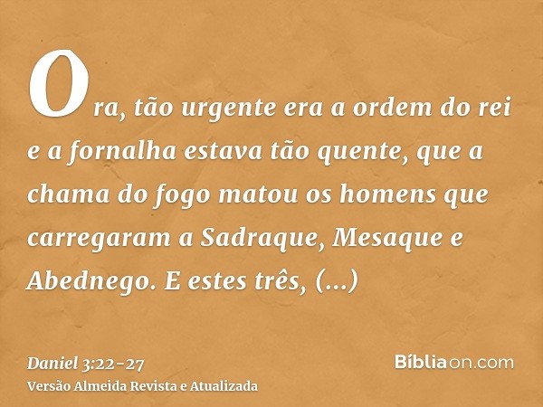 Ora, tão urgente era a ordem do rei e a fornalha estava tão quente, que a chama do fogo matou os homens que carregaram a Sadraque, Mesaque e Abednego.E estes tr