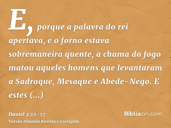 E, porque a palavra do rei apertava, e o forno estava sobremaneira quente, a chama do fogo matou aqueles homens que levantaram a Sadraque, Mesaque e Abede-Nego.