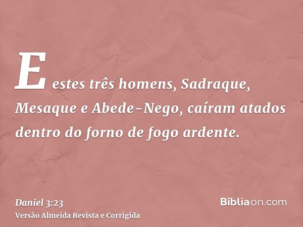 E estes três homens, Sadraque, Mesaque e Abede-Nego, caíram atados dentro do forno de fogo ardente.