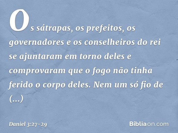 Os sátrapas, os prefeitos, os governadores e os conselheiros do rei se ajunta­ram em torno deles e comprovaram que o fogo não tinha ferido o corpo deles. Nem um