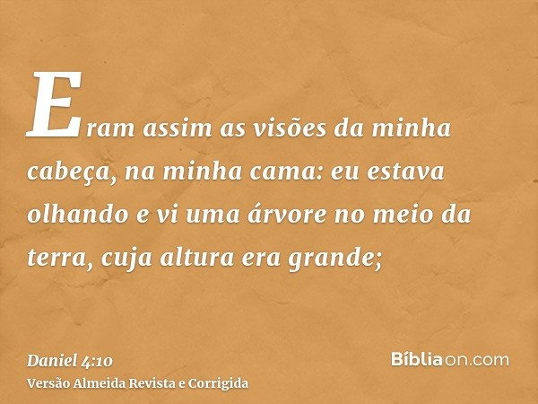 Eram assim as visões da minha cabeça, na minha cama: eu estava olhando e vi uma árvore no meio da terra, cuja altura era grande;