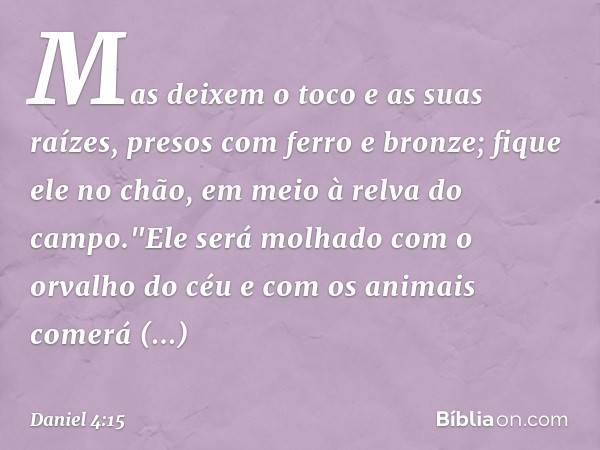 Mas deixem o toco e as suas raízes, presos com ferro e bronze; fique ele no chão, em meio à relva do campo."Ele será molhado com o orvalho do céu e com os anima