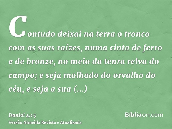 Contudo deixai na terra o tronco com as suas raízes, numa cinta de ferro e de bronze, no meio da tenra relva do campo; e seja molhado do orvalho do céu, e seja 