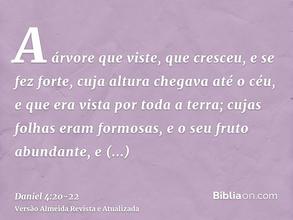 A árvore que viste, que cresceu, e se fez forte, cuja altura chegava até o céu, e que era vista por toda a terra;cujas folhas eram formosas, e o seu fruto abund