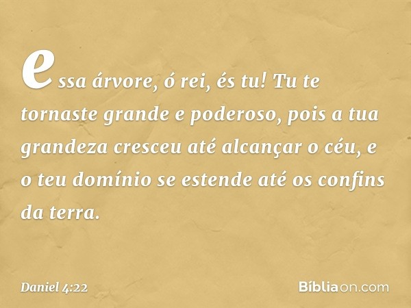 essa árvore, ó rei, és tu! Tu te tornaste grande e poderoso, pois a tua gran­deza cresceu até alcançar o céu, e o teu domínio se estende até os confins da terra