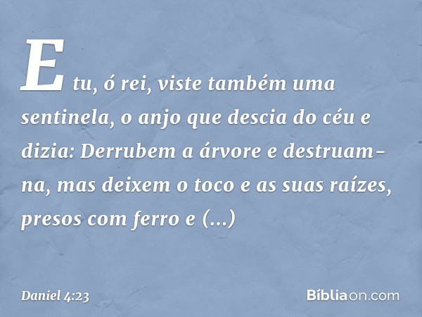 "E tu, ó rei, viste também uma sentinela, o anjo que descia do céu e dizia: 'Derrubem a árvore e destruam-na, mas deixem o toco e as suas raízes, presos com fer