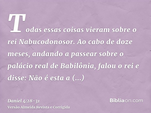 Todas essas coisas vieram sobre o rei Nabucodonosor.Ao cabo de doze meses, andando a passear sobre o palácio real de Babilônia,falou o rei e disse: Não é esta a