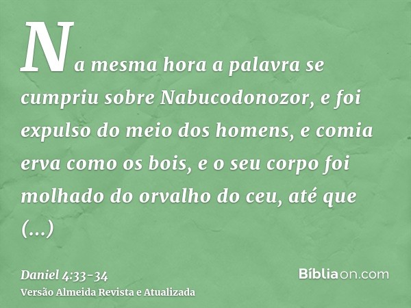 Na mesma hora a palavra se cumpriu sobre Nabucodonozor, e foi expulso do meio dos homens, e comia erva como os bois, e o seu corpo foi molhado do orvalho do ceu