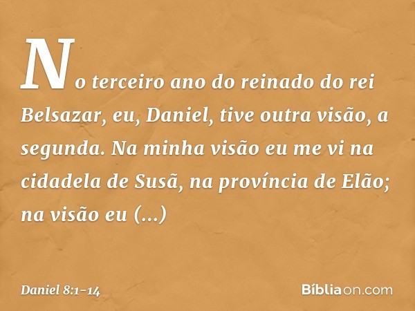 No terceiro ano do reinado do rei Belsa­zar, eu, Daniel, tive outra visão, a segunda. Na minha visão eu me vi na cidadela de Susã, na província de Elão; na visã