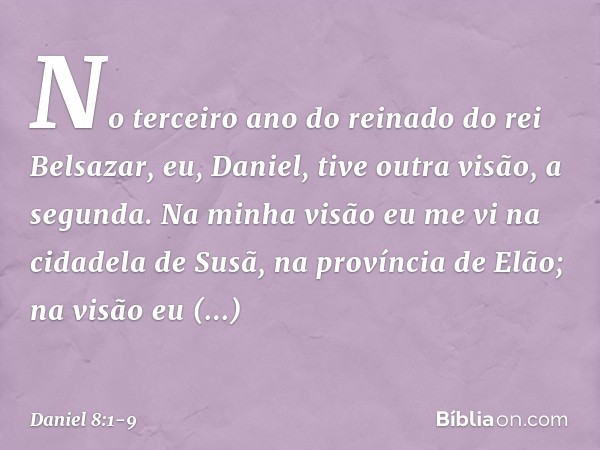 No terceiro ano do reinado do rei Belsa­zar, eu, Daniel, tive outra visão, a segunda. Na minha visão eu me vi na cidadela de Susã, na província de Elão; na visã