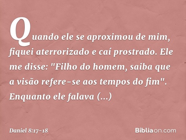 Quando ele se aproximou de mim, fiquei aterrorizado e caí prostrado. Ele me disse: "Filho do homem, saiba que a visão refere-se aos tempos do fim". Enquanto ele