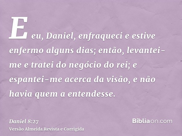E eu, Daniel, enfraqueci e estive enfermo alguns dias; então, levantei-me e tratei do negócio do rei; e espantei-me acerca da visão, e não havia quem a entendes