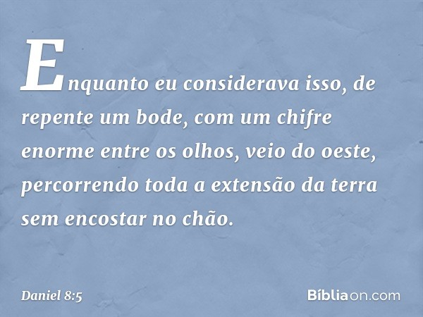 Enquanto eu considerava isso, de repente um bode, com um chifre enorme entre os olhos, veio do oeste, percorrendo toda a extensão da terra sem encostar no chão.