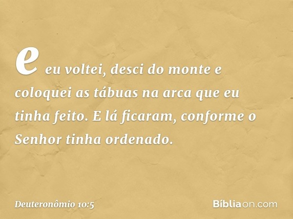 e eu voltei, desci do monte e coloquei as tábuas na arca que eu tinha feito. E lá ficaram, conforme o Senhor tinha ordenado. -- Deuteronômio 10:5