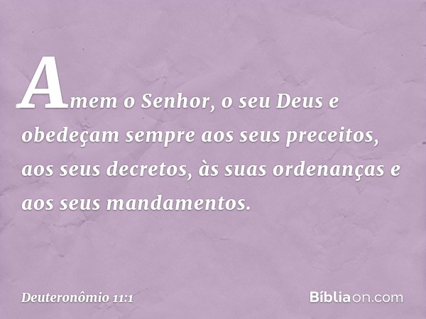 "Amem o Senhor, o seu Deus e obedeçam sempre aos seus preceitos, aos seus decretos, às suas ordenanças e aos seus mandamentos. -- Deuteronômio 11:1