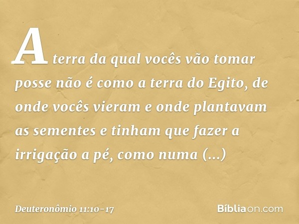 A terra da qual vocês vão tomar posse não é como a terra do Egito, de onde vocês vieram e onde plantavam as sementes e tinham que fazer a irrigação a pé, como n