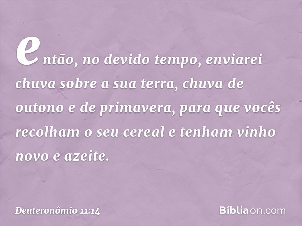 então, no devido tempo, enviarei chuva sobre a sua terra, chuva de outono e de primavera, para que vocês recolham o seu cereal e tenham vinho novo e azeite. -- 