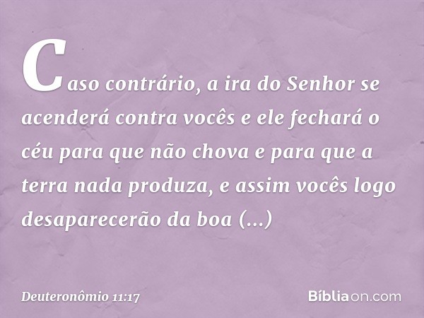 Caso contrário, a ira do Senhor se acenderá contra vocês e ele fechará o céu para que não chova e para que a terra nada produza, e assim vocês logo desaparecerã