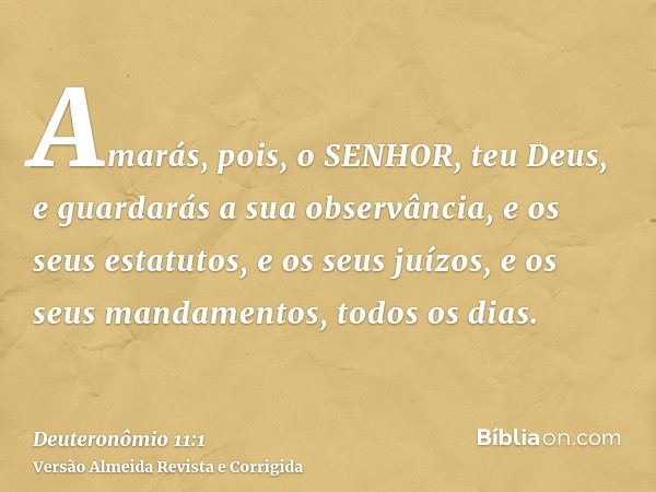 Amarás, pois, o SENHOR, teu Deus, e guardarás a sua observância, e os seus estatutos, e os seus juízos, e os seus mandamentos, todos os dias.