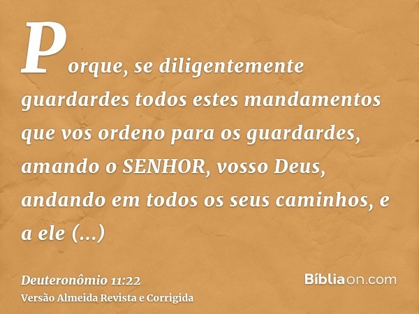 Porque, se diligentemente guardardes todos estes mandamentos que vos ordeno para os guardardes, amando o SENHOR, vosso Deus, andando em todos os seus caminhos, 