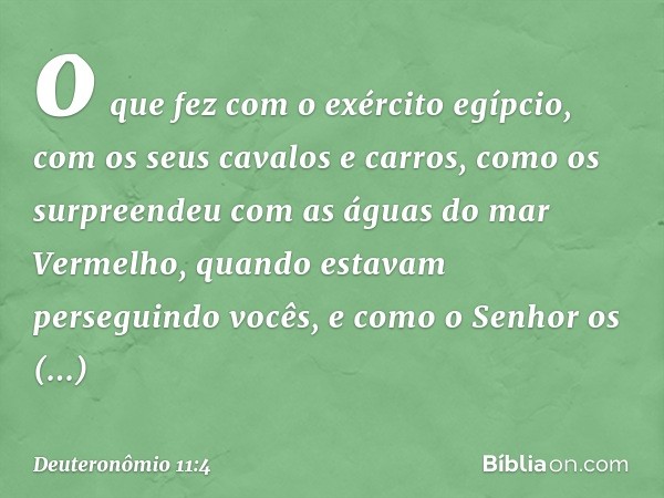 o que fez com o exército egípcio, com os seus cavalos e carros, como os surpreendeu com as águas do mar Vermelho, quando estavam perseguindo vocês, e como o Sen