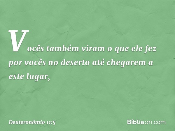 Vocês também viram o que ele fez por vocês no deserto até chegarem a este lugar, -- Deuteronômio 11:5