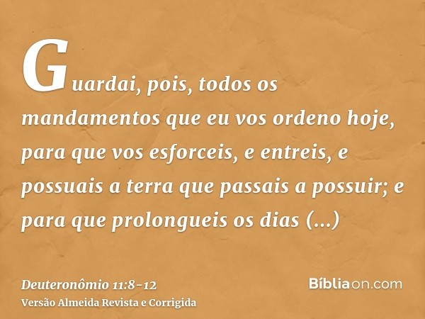 Guardai, pois, todos os mandamentos que eu vos ordeno hoje, para que vos esforceis, e entreis, e possuais a terra que passais a possuir;e para que prolongueis o