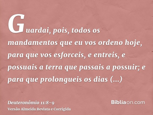 Guardai, pois, todos os mandamentos que eu vos ordeno hoje, para que vos esforceis, e entreis, e possuais a terra que passais a possuir;e para que prolongueis o