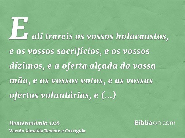 E ali trareis os vossos holocaustos, e os vossos sacrifícios, e os vossos dízimos, e a oferta alçada da vossa mão, e os vossos votos, e as vossas ofertas volunt