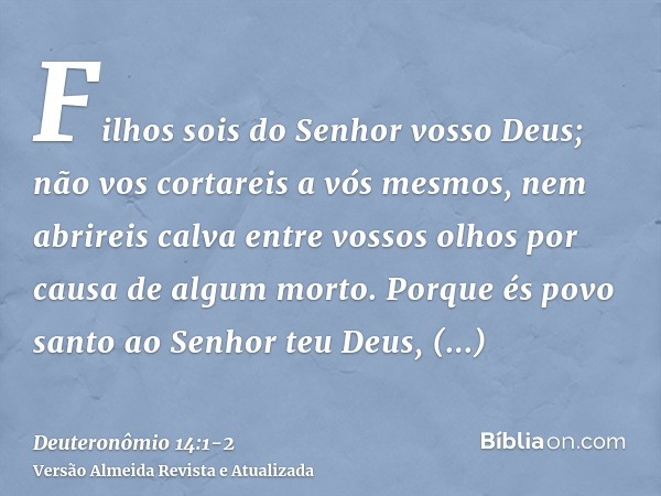 Filhos sois do Senhor vosso Deus; não vos cortareis a vós mesmos, nem abrireis calva entre vossos olhos por causa de algum morto.Porque és povo santo ao Senhor 