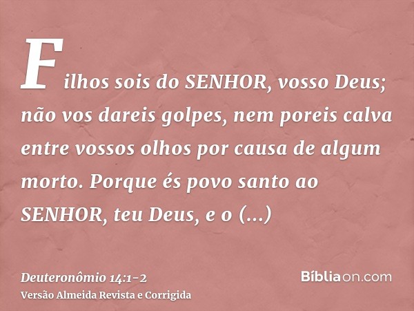 Filhos sois do SENHOR, vosso Deus; não vos dareis golpes, nem poreis calva entre vossos olhos por causa de algum morto.Porque és povo santo ao SENHOR, teu Deus,