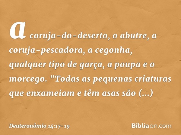 a coruja-do-deserto, o abutre, a coruja-pescadora, a cegonha, qualquer tipo de garça, a poupa e o morcego. "Todas as pequenas criaturas que enxameiam e têm asas