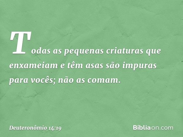 "Todas as pequenas criaturas que enxameiam e têm asas são impuras para vocês; não as comam. -- Deuteronômio 14:19