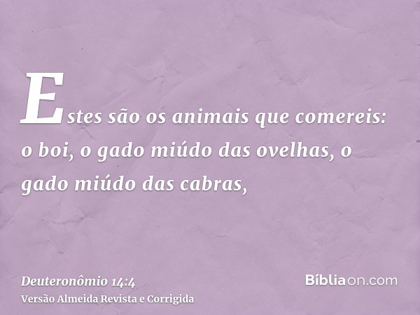 Estes são os animais que comereis: o boi, o gado miúdo das ovelhas, o gado miúdo das cabras,