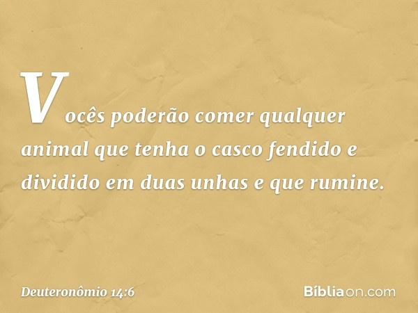 Vocês poderão comer qualquer animal que tenha o casco fendido e dividido em duas unhas e que rumine. -- Deuteronômio 14:6