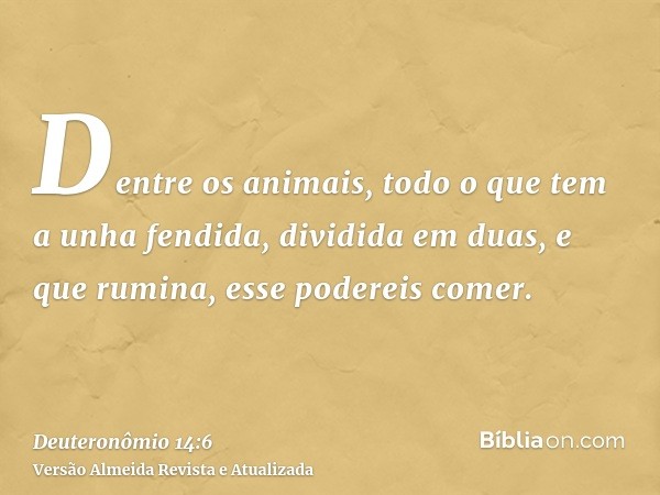 Dentre os animais, todo o que tem a unha fendida, dividida em duas, e que rumina, esse podereis comer.