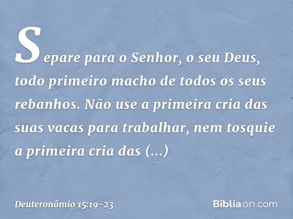 "Separe para o Senhor, o seu Deus, todo primeiro macho de todos os seus rebanhos. Não use a primeira cria das suas vacas para trabalhar, nem tosquie a primeira 