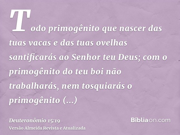 Todo primogênito que nascer das tuas vacas e das tuas ovelhas santificarás ao Senhor teu Deus; com o primogênito do teu boi não trabalharás, nem tosquiarás o pr