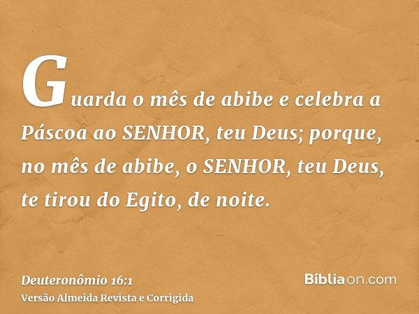 Guarda o mês de abibe e celebra a Páscoa ao SENHOR, teu Deus; porque, no mês de abibe, o SENHOR, teu Deus, te tirou do Egito, de noite.