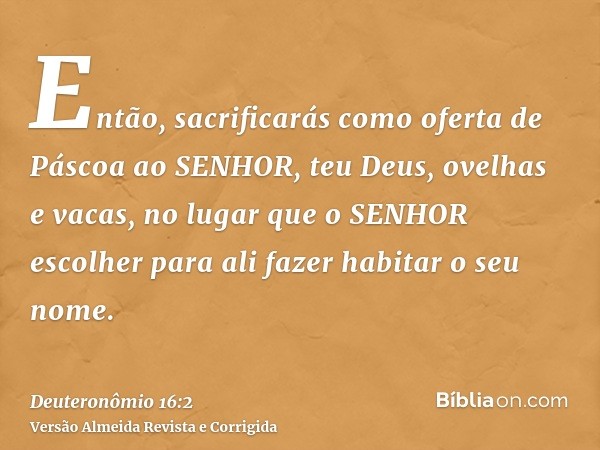 Então, sacrificarás como oferta de Páscoa ao SENHOR, teu Deus, ovelhas e vacas, no lugar que o SENHOR escolher para ali fazer habitar o seu nome.