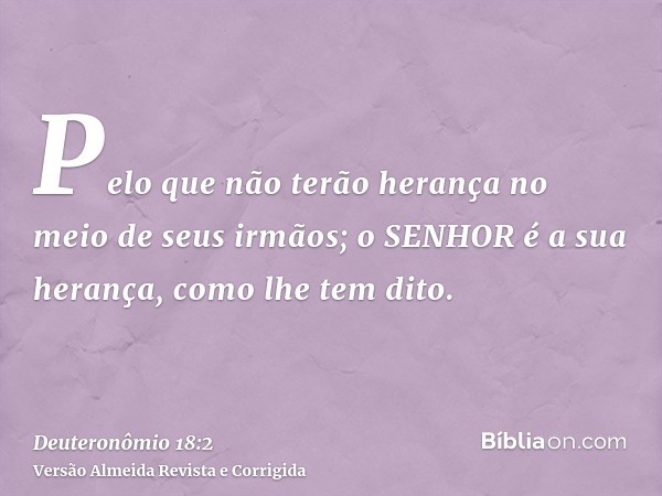 Pelo que não terão herança no meio de seus irmãos; o SENHOR é a sua herança, como lhe tem dito.