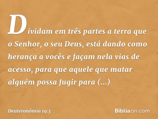 Dividam em três partes a terra que o Senhor, o seu Deus, está dando como herança a vocês e façam nela vias de acesso, para que aquele que matar alguém possa fug