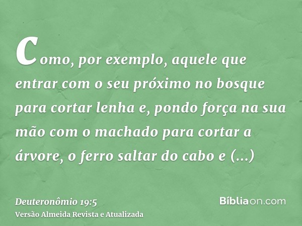 como, por exemplo, aquele que entrar com o seu próximo no bosque para cortar lenha e, pondo força na sua mão com o machado para cortar a árvore, o ferro saltar 