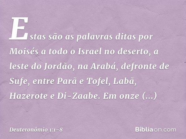 Estas são as palavras ditas por Moisés a todo o Israel no deserto, a leste do Jordão, na Arabá, defronte de Sufe, entre Parã e Tofel, Labã, Hazerote e Di-Zaabe.