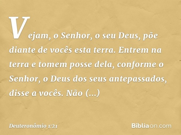 Vejam, o Senhor, o seu Deus, põe diante de vocês esta terra. Entrem na terra e tomem posse dela, conforme o Senhor, o Deus dos seus antepassados, disse a vocês.