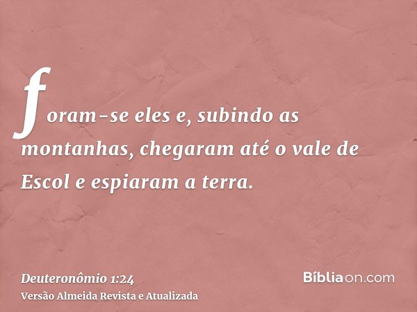 foram-se eles e, subindo as montanhas, chegaram até o vale de Escol e espiaram a terra.