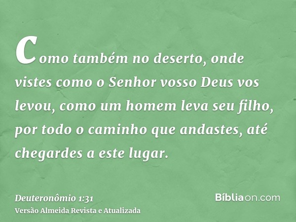 como também no deserto, onde vistes como o Senhor vosso Deus vos levou, como um homem leva seu filho, por todo o caminho que andastes, até chegardes a este luga